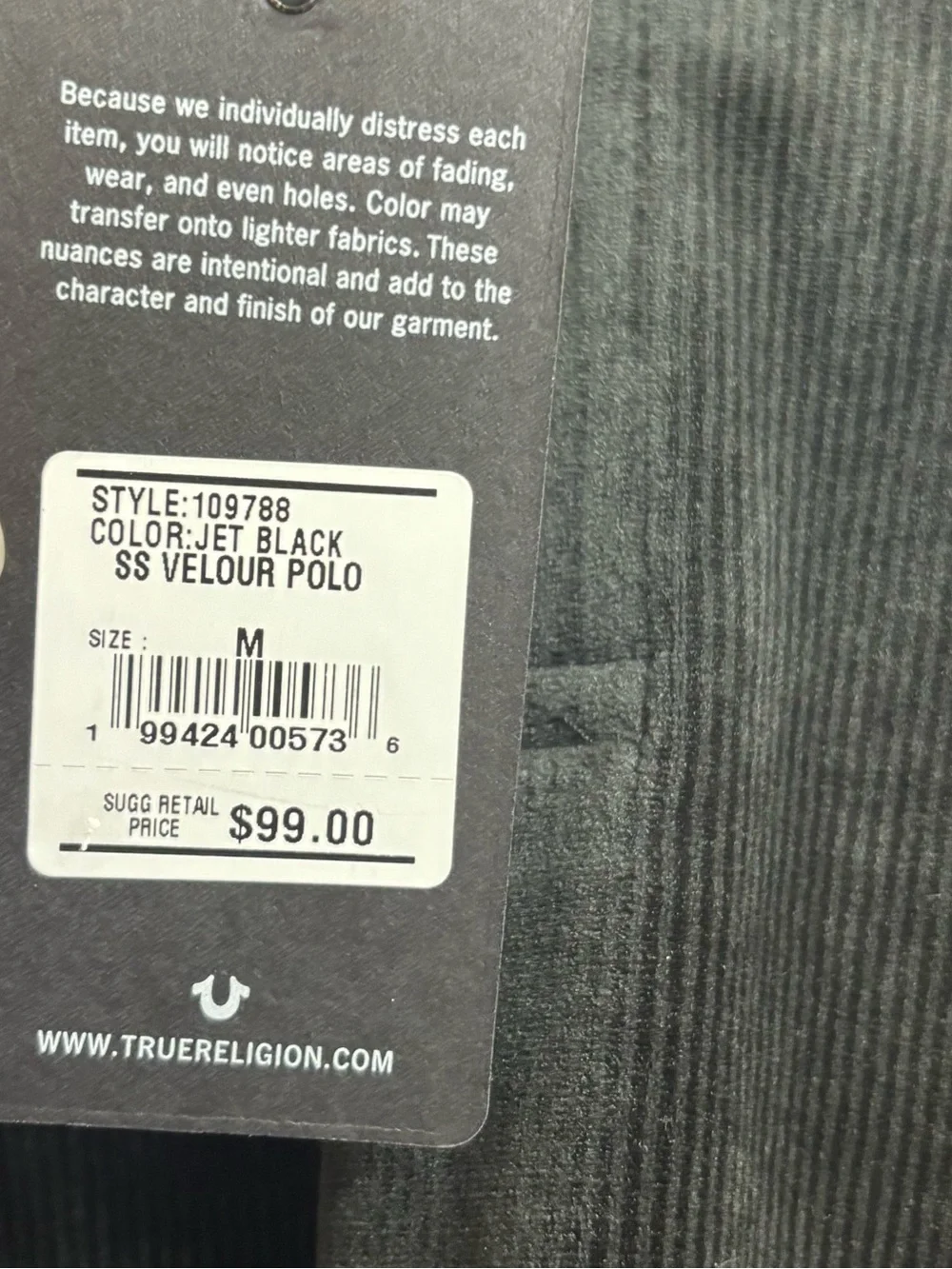 True Religion Men's Black Velvet Polo with Chest Logo Patch